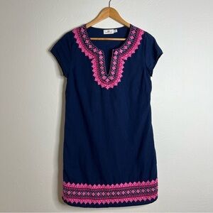 Vineyard Vines Navy Embroidered Dress Pink Geometric Cotton Linen Blend Size 4